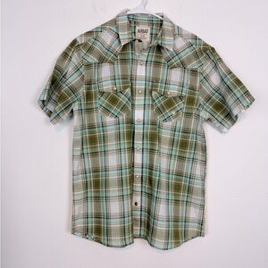 Ariat Atticus Western Shirt Mens Green Plaid Short Sleeve. Size Large.